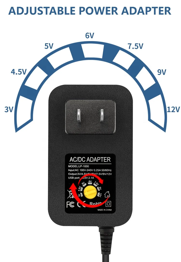 3V 4.5V 5V 6V 7.5V 9V 12V with 5V 2A USB 30W Multi Voltage Tip Adjustable Power Adapter Universal