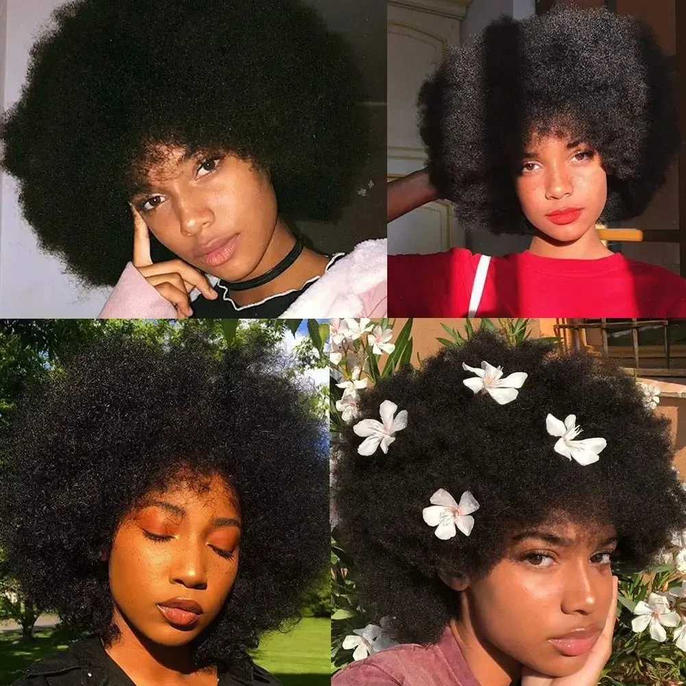 Short Afro Kinky Curly Human Hair Wig With Bangs Fluffy Natural Bob Wigs Brazilian Full Machine Made Wigs On Sale