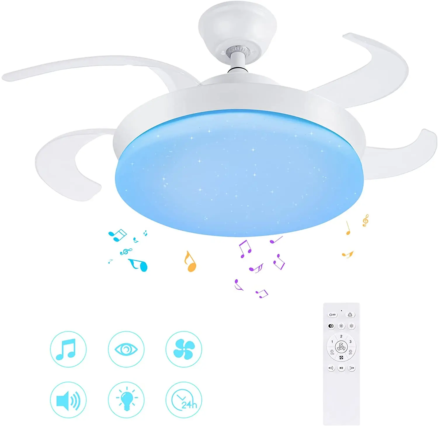 Выдвижные потолочные вентиляторы с подсветкой и умным динамиком, Складной вентилятор для люстры с RGB-подсветкой и регулируемой яркостью, музыкальный потолочный светильник с дистанционным управлением, 24 Вт