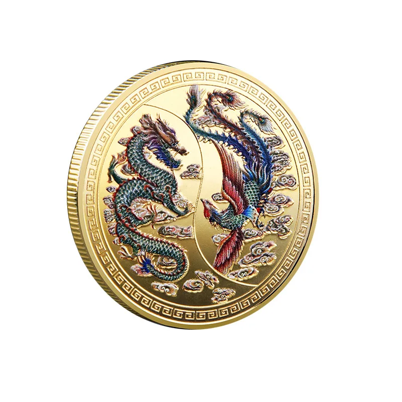 China Lucky Coin Dragon and Phoenix Collection Colored Gold Silver Plated Coin
