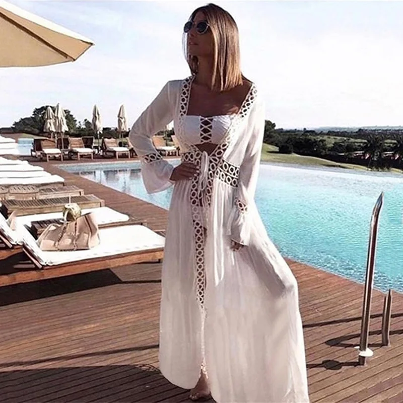 2022 Summer Crochet White Knitted Beach Cover up dress Tunic Long Pareos Bikinis Cover ups Swim Cover up Robe Plage Beachwear
