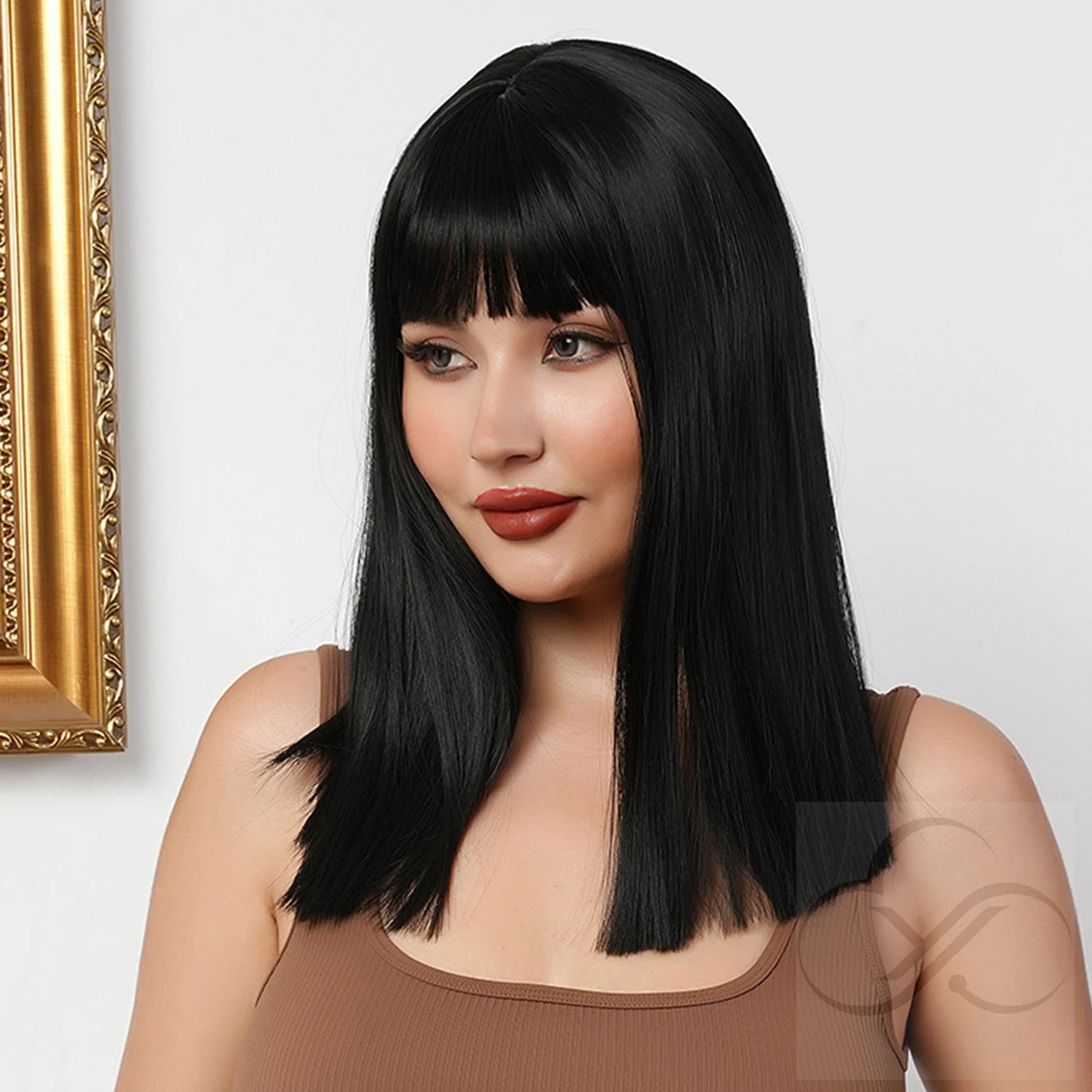 Long straight black bangs high temperature silk full head set Hair Full Lace Wigs