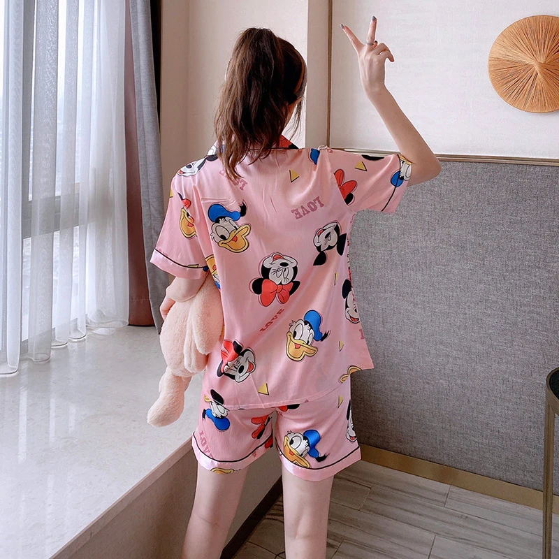 Custom Made  Short Sleeve Satin Pajamas Button Up Shirt PJ Set Contrast Piping Nightwear