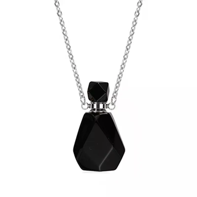Wollet Octagonal Natural Original Stone Pendant Jade Amethyst Powder Crystal Perfume Bottle Necklace