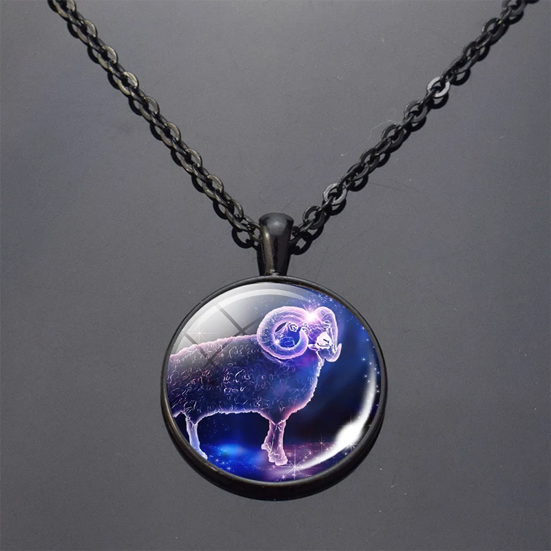 12 Constellations Black Pendant 12 Zodiac Signs Aries Leo Libra Gemini Taurus Scorpio Glass Cabochon Necklace for Birthday Gifts