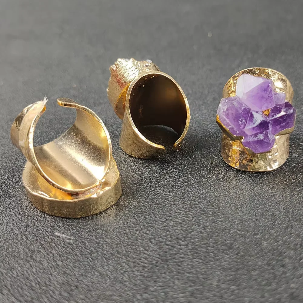wholesale natural quartz ring irregular amethyst crystal cluster charm drusy stone gold bezel adjustable finger ring