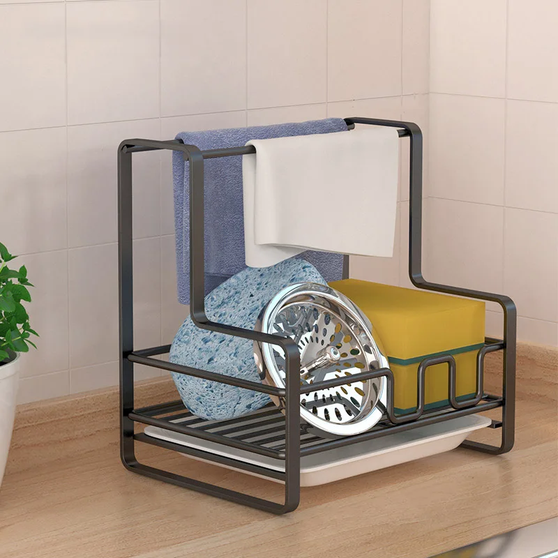Multi-functional Carbon Steel Kitchen Sink Shelf Soap Sponge Drain Rack Towel Hanging Holder