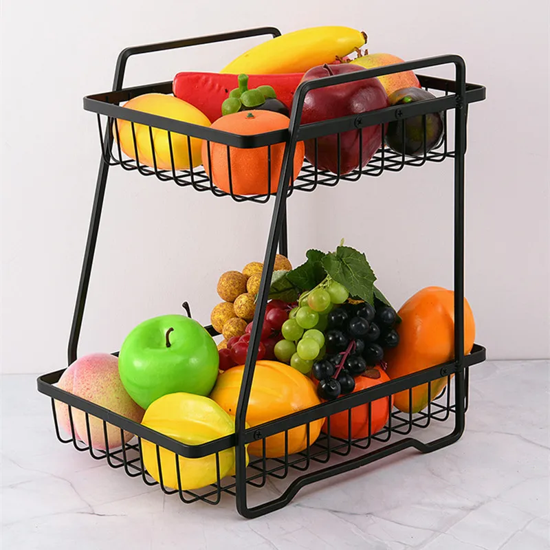 Fruit rack 2021 iron household storage appliances 2 layers black fruits kitchen baskets