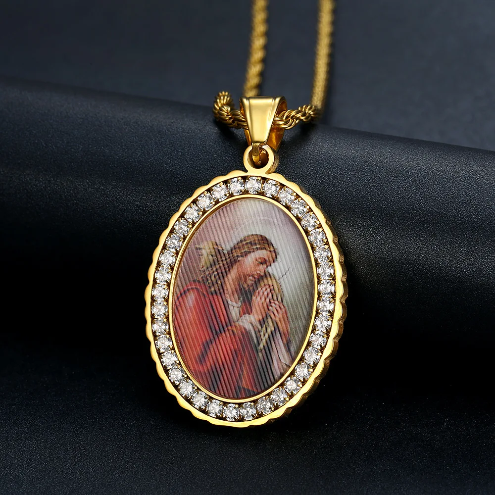 Stainless Steel gold Plated CZ Oval Christian Necklace Virgin Mary Pendants for women Necklace Religious Jewelry Gifts