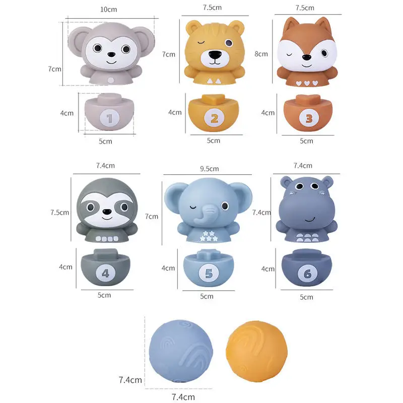 Baby Stacking Squeeze Soft Rubber Matching Bowling Ball Stacking Animal Roller Bowling Toys Shape Game Silicone Education Toy