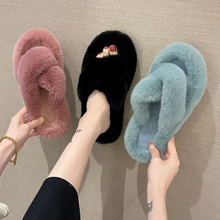 Factory Wholesale Women Fashion Fur Slides Indoor Outdoor Home Fluffy Furry Vegan Fur Slippers