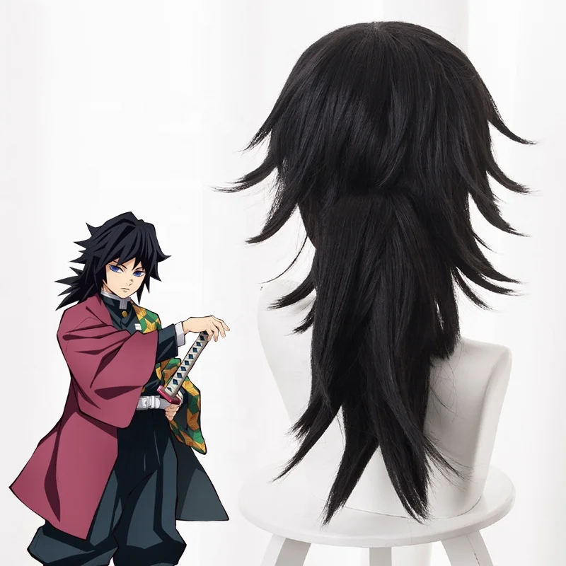 Wholesale 55cm Long Black Demon Slayer Tomioka Giyuu Wig Cosplay Synthetic Anime Hair Wigs With One Ponytail