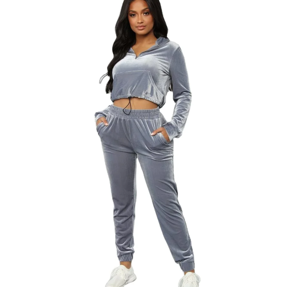 Cheap Wholesale Velour Tracksuit Velvet Half Zip Crop Tops and Slim Fit Jogging Sweatsuit Custom Velour Tracksuits