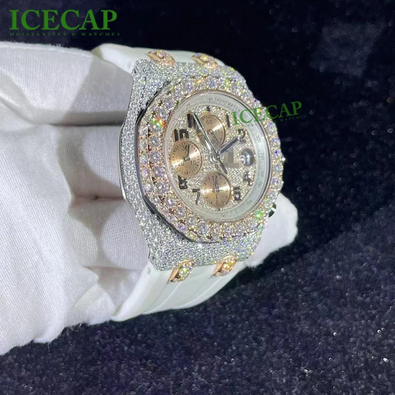 Hot white rubber Automatic mechanical Arabic digital watch Luxury brand men women Ice  Moissanite Diamond watch
