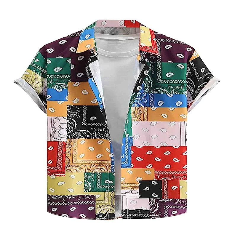 High Quality Comfortable Loose Print Patten Short Sleeves Button-Down Collar  Cotton Shirts For Men Daily Wear