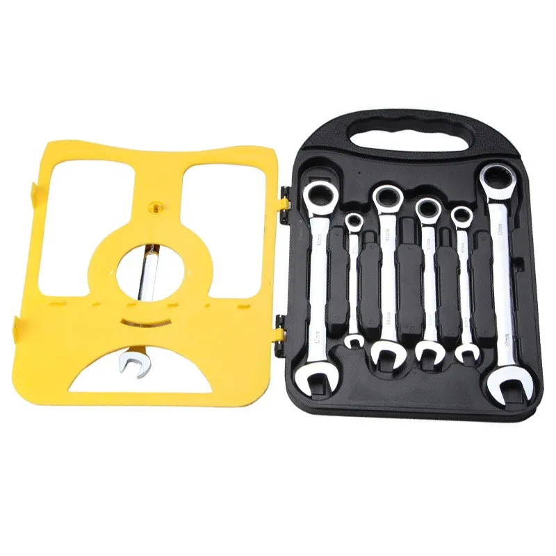 CRV steel quick 72 tooth ratchet wrench dual-purpose open end ring wrench set ratchet automatic wrench 7pcs set in plastic box