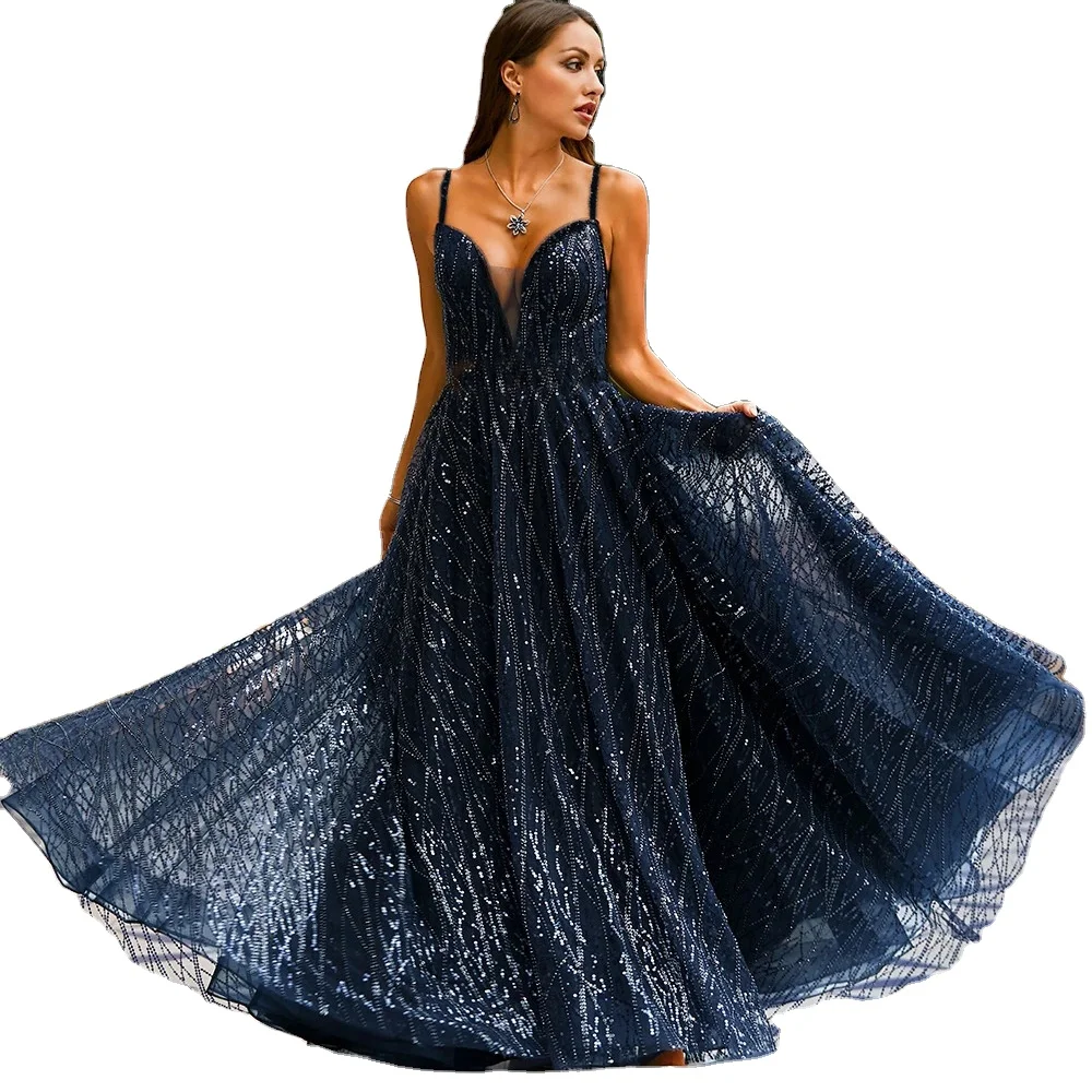 Fashion High Waist Temperament V-neck Halter Slim Sexy Long Dress Suspender Evening Dress