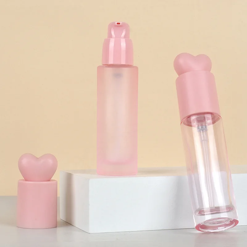 In Stock 30ml Custom Glass Bottle Pink Clear Empty Lotion Pump Bottle Heart Shape Foundation Bottle