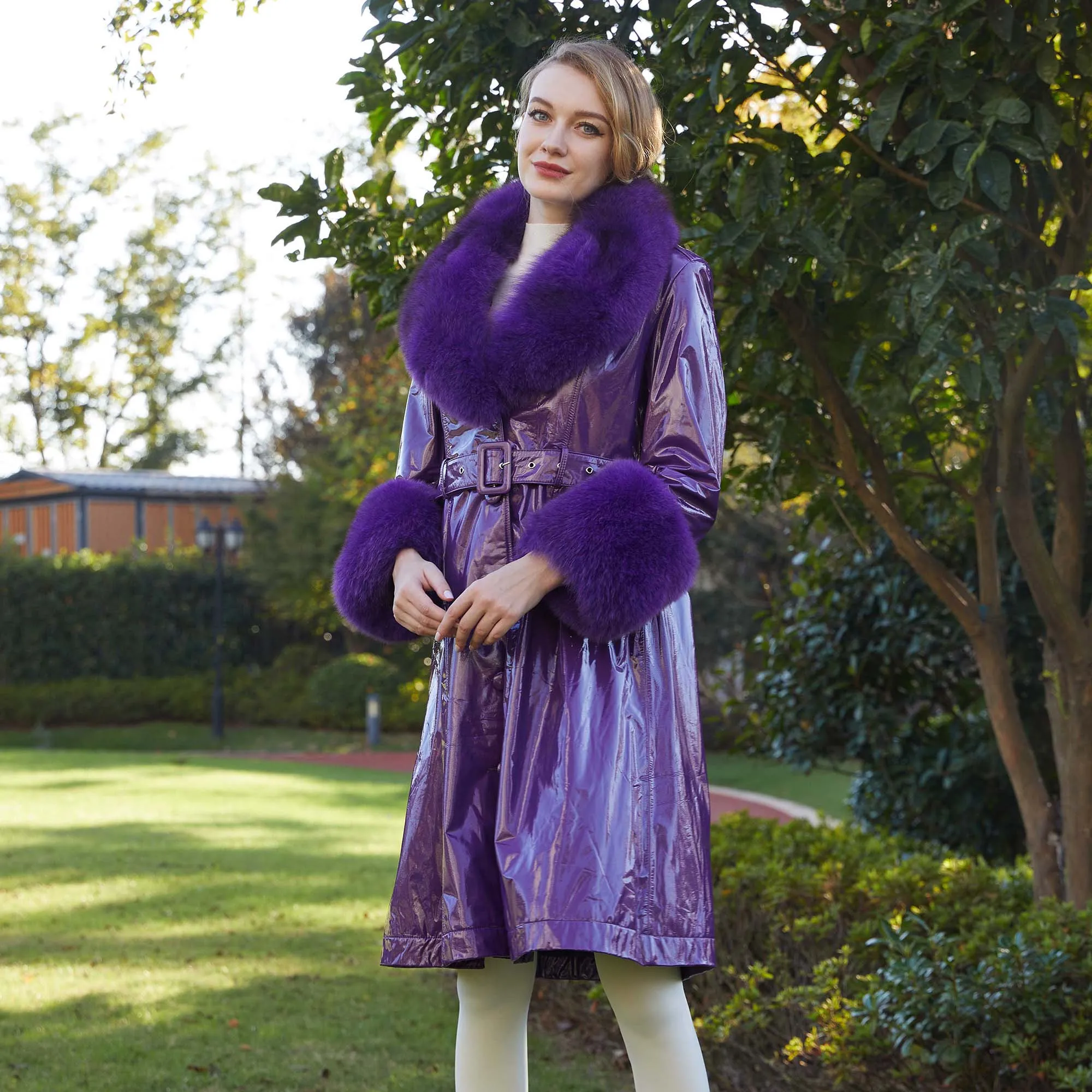 Hot Sale Ladies Long Trench Style Genuine Sheepskin Leather Fur Collar Jacket