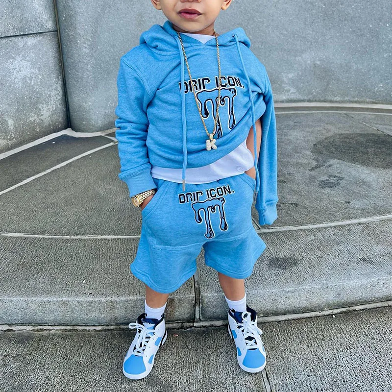 Custom Logo Boys Clothing Set 100% Cotton Casual Kids Pullover Hoodie Jogging Suit Tracktop Shorts 2 Piece Short Set Streetwear