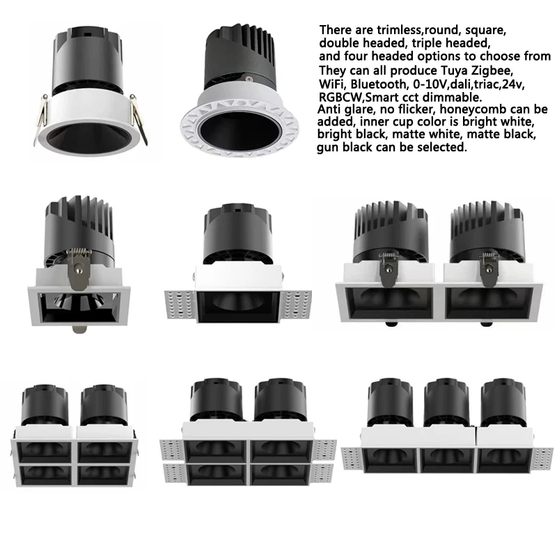 Smart dimmable 0-10v triac double square downlight project commercial lamp adjustable tuya zigbee cct rgb recessed downlight