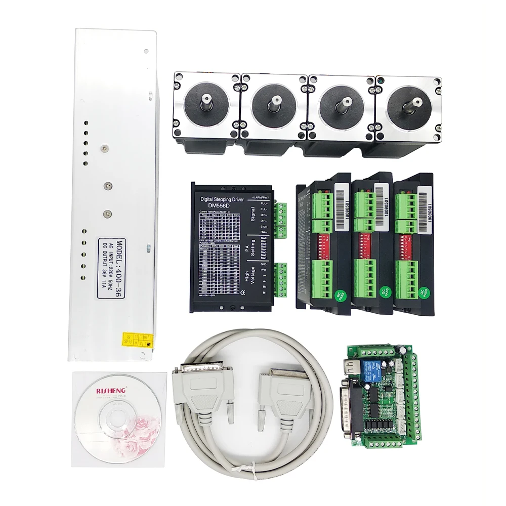 Cheap price nema23 2N.M 4axis open loop stepping motor DM556D stepping driver Mach3 5axis break board for cnc machine