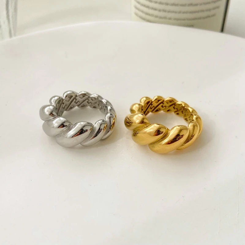 SUMMLY Vintage Personalized Dough Twists 18K Gold Plated Stainless Steel Rings Fashion Jewelry