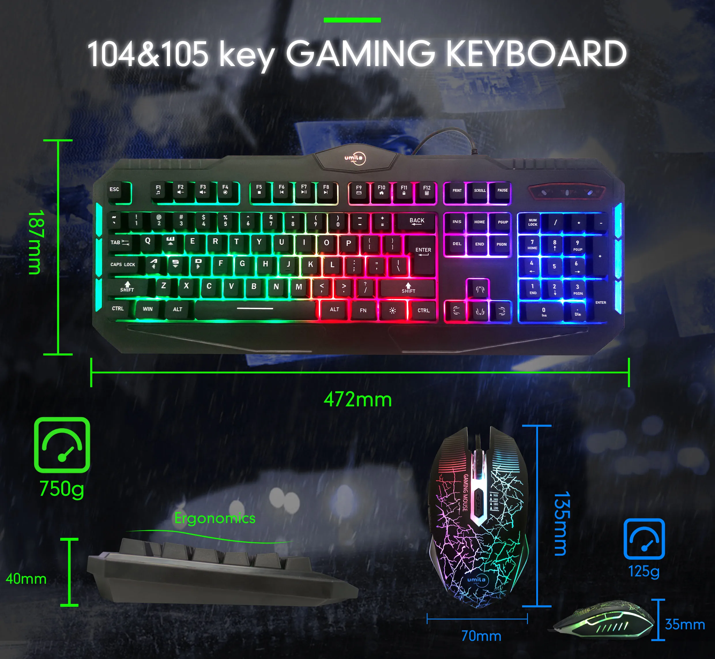 Best Selling104 клавишная ПК светодиодная подсветка RGB Led Rainbow Gamer 1 комплект наушников гарнитура комбо Проводная игровая мышь и