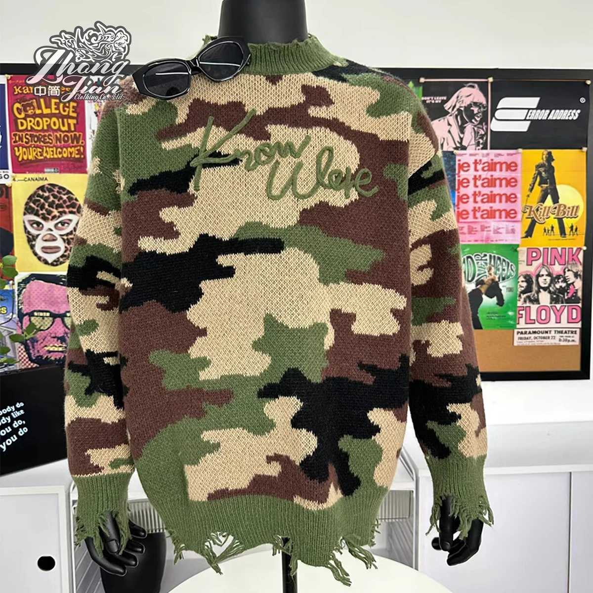 Custom camo knitting patterns outdoor camping camouflage jacquard distressed oversized sweater for men