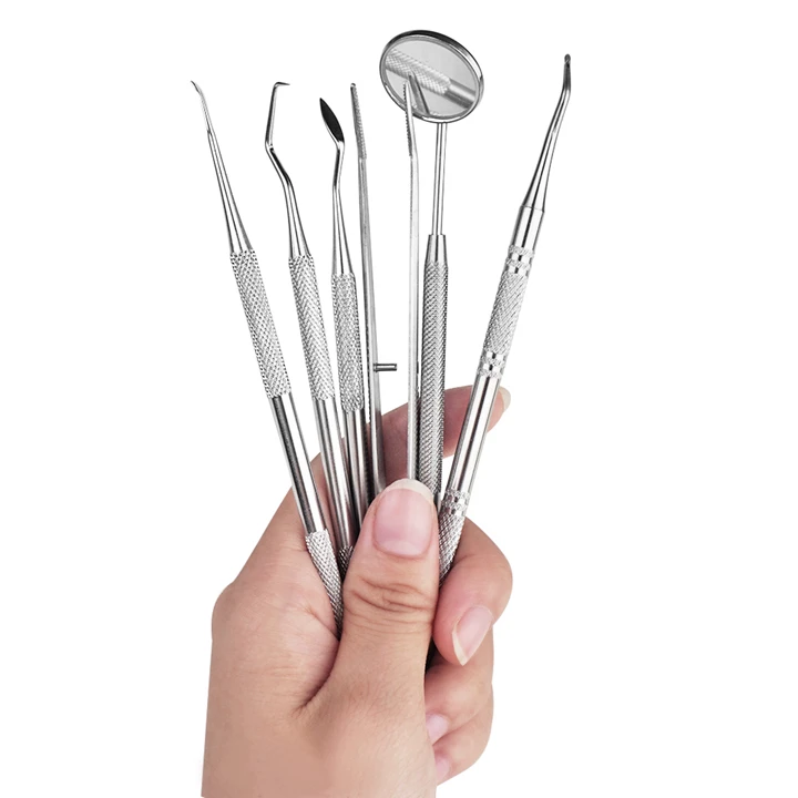 High Quality 6 pcs Set Stainless Steel Teeth Cleaning Kit with Tooth Scraper Mirror Tweezers