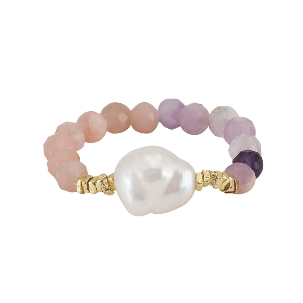 RINNTIN MPR02 Wholesale Natural Gemstone Rings Stretchable Natural Freshwater Pearl Pink Opal Purple Mica for Women Jewelry