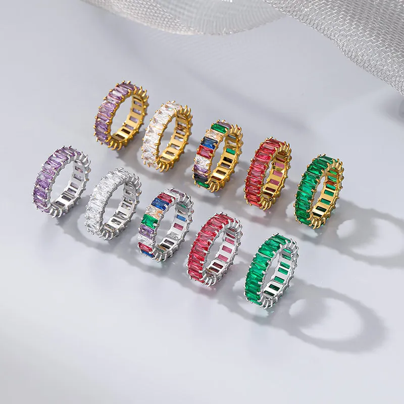Waterproof Stainless Steel Rings Colorful Aaa Zirconia Baguette Pave Diamond Gemstone 18k Gold Plated Jewelry
