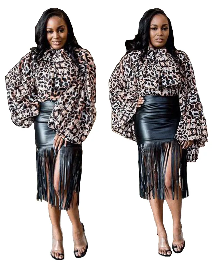 91023-MX66 Lantern sleeve bow tie design leopard print jackets women sexy