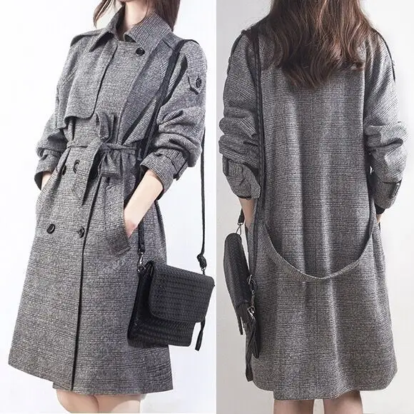 Jtfur Casual Vintage Lady Spring Autumn Women Jackets Houndstooth Trench Coat