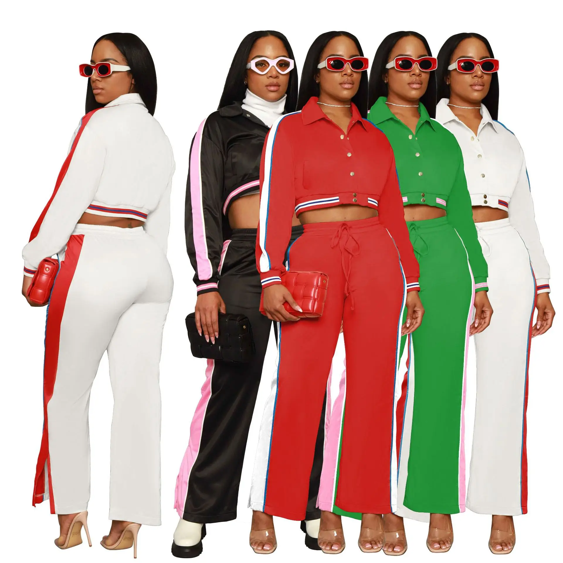 Women 2 Piece Sets Clothes Casual Women Fall Sets 2022 Button Jacket Straight-Leg Pants Side Stripe Two Piece Track Suit Women