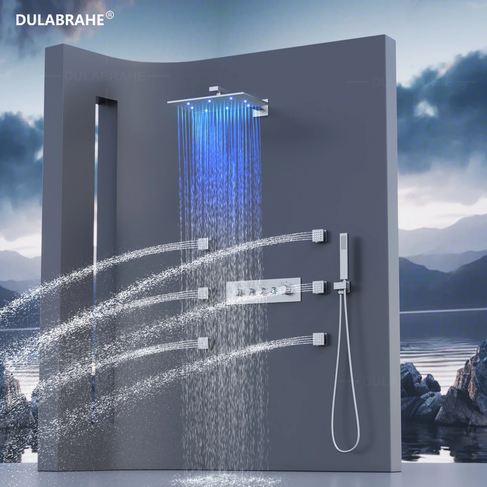 Hot Selling Wall Mounted Brushed Nickel Rainfall LED Shower Faucet Set LED Digital Display Thermostatic Shower System