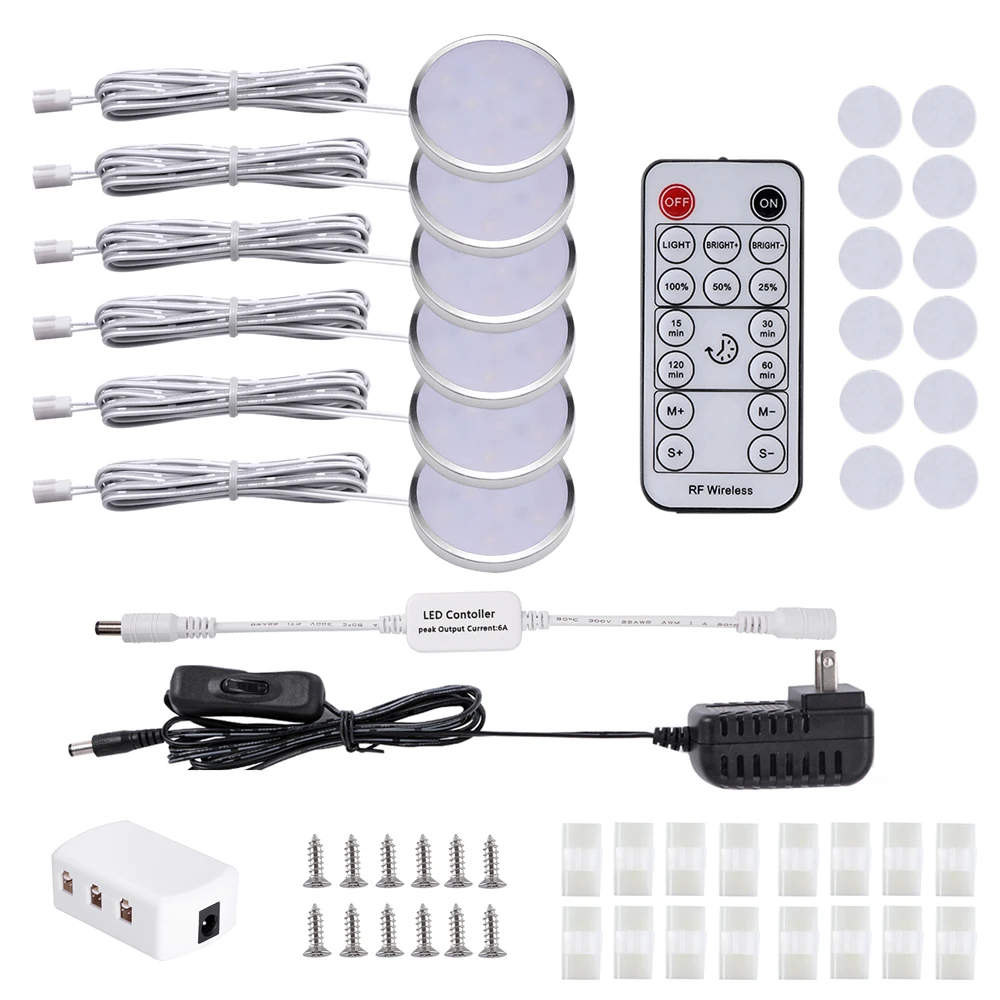 LED 4/6/10/12 Pack Under Cabinet Light kit Dimmable wireless RF Remote Controlled lighting for Under Shelf Furniture  Book Case interior wall light
