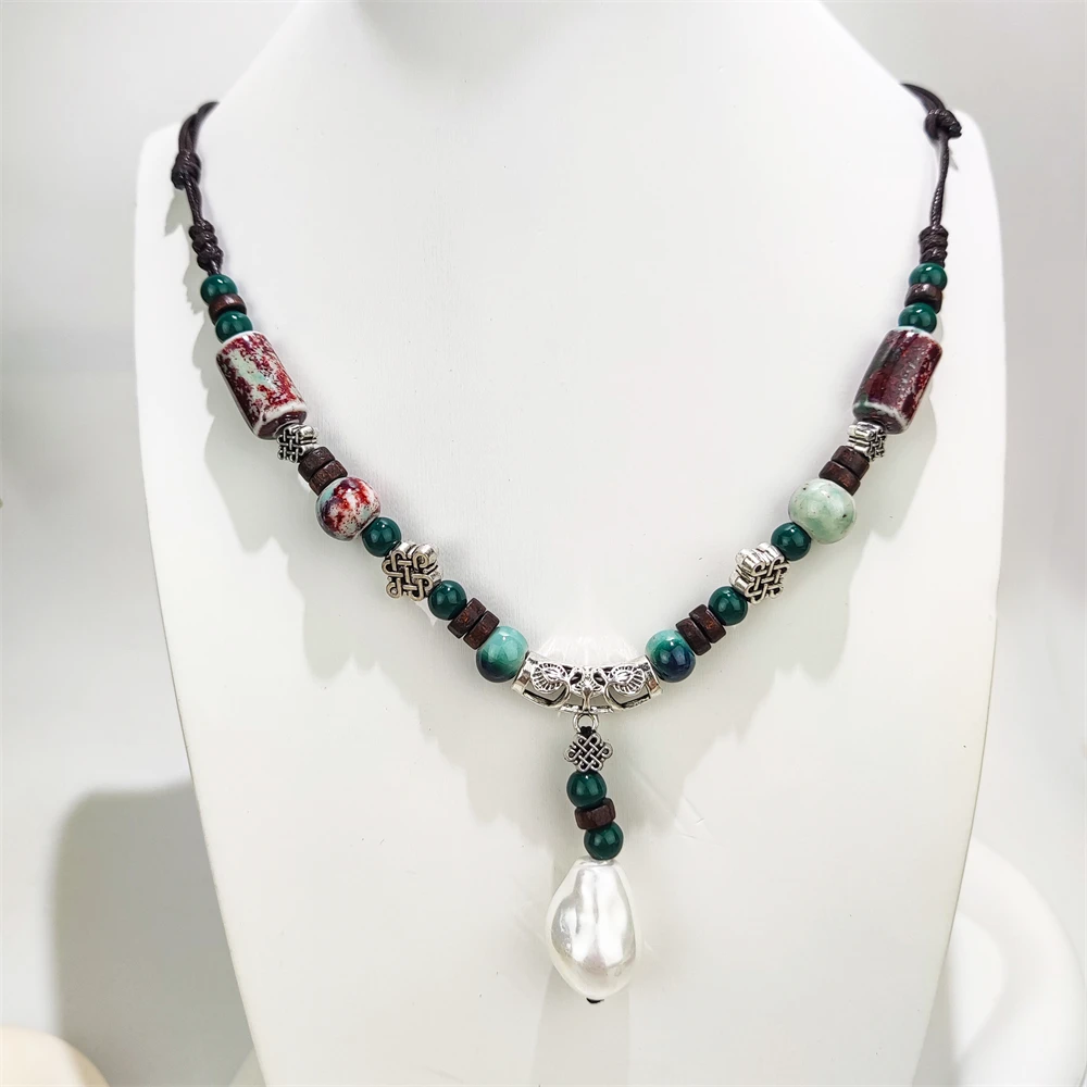 Bohemian Jewelry Colorful Beads Hand Woven Rope Necklace Trendy Ceramic Beads Retro Necklace with Shell Pearl Pendants for Sale