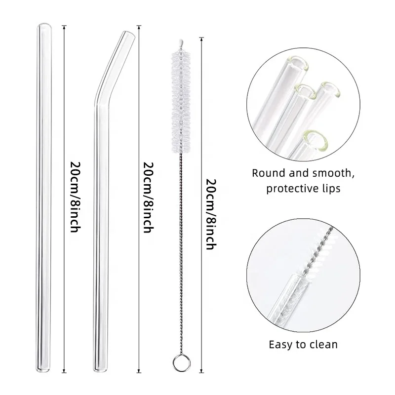 8mmx20cm Reusable Clear Glass Straw Dishwasher Safe Eco-Friendly Straight Stirring Rod Glass Smoothie Straw with Cleaning Brush