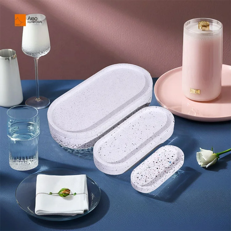 Oval Terrazzo Serving Tray for Bathroom Amenity Storage in Hotels and Home Use Cement Vanity Tray Decorative Trays