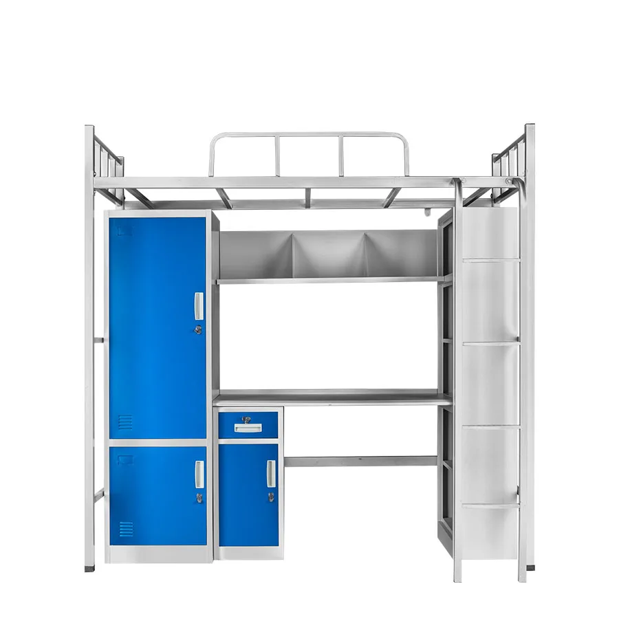 China OEM School Furniture Adult Usage School Dormitory Bunk Steel Bed With Table Cabinet And Wardrobe