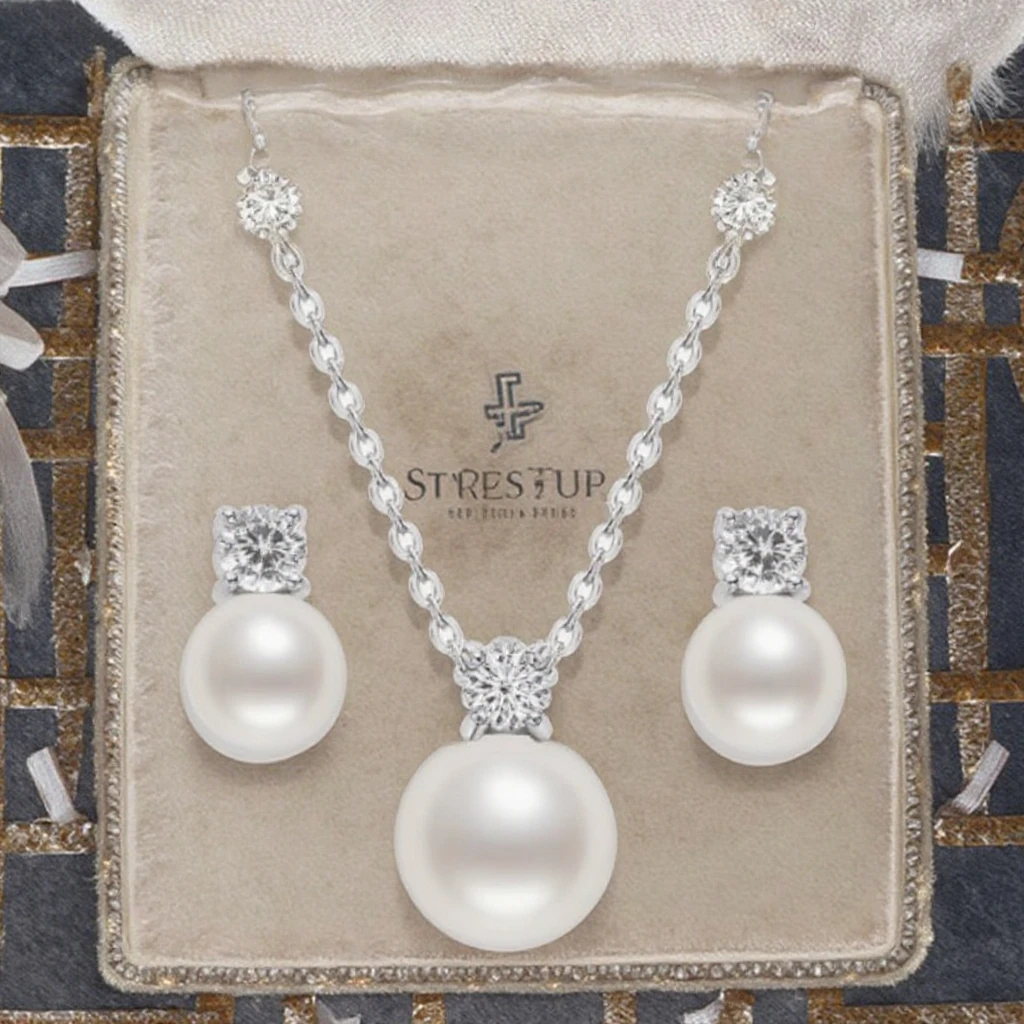 2PCS Necklace and Earring Pearl Set Silver Post Chain Freshwater 7-8mm Round White Pearl Set