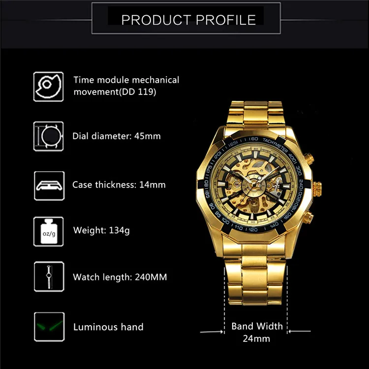 Winner Brand Stainless Steel Watch Men Skeleton Auto Mechanical custom LOGO Watch Male Dress Clock WINNer  246