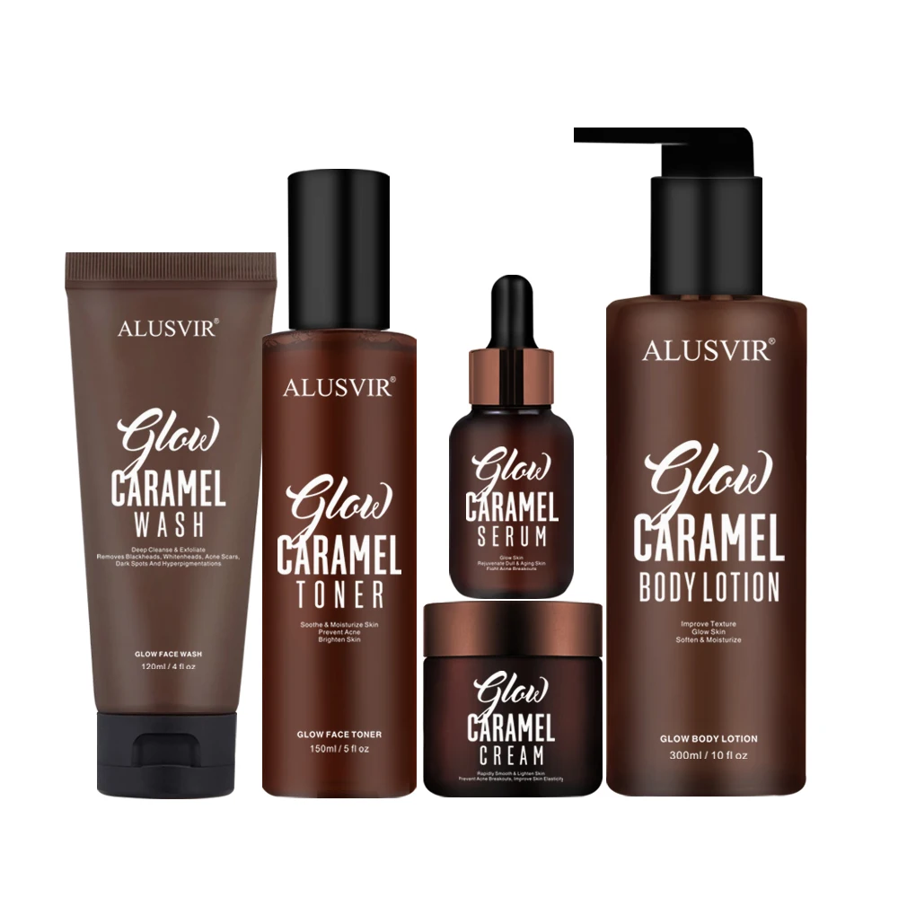 Caramel Skin Care Set Private Label Glowing Brightening Anti Acne Skin Face Toner Serum Facial Cream Body Lotion Skincare Set