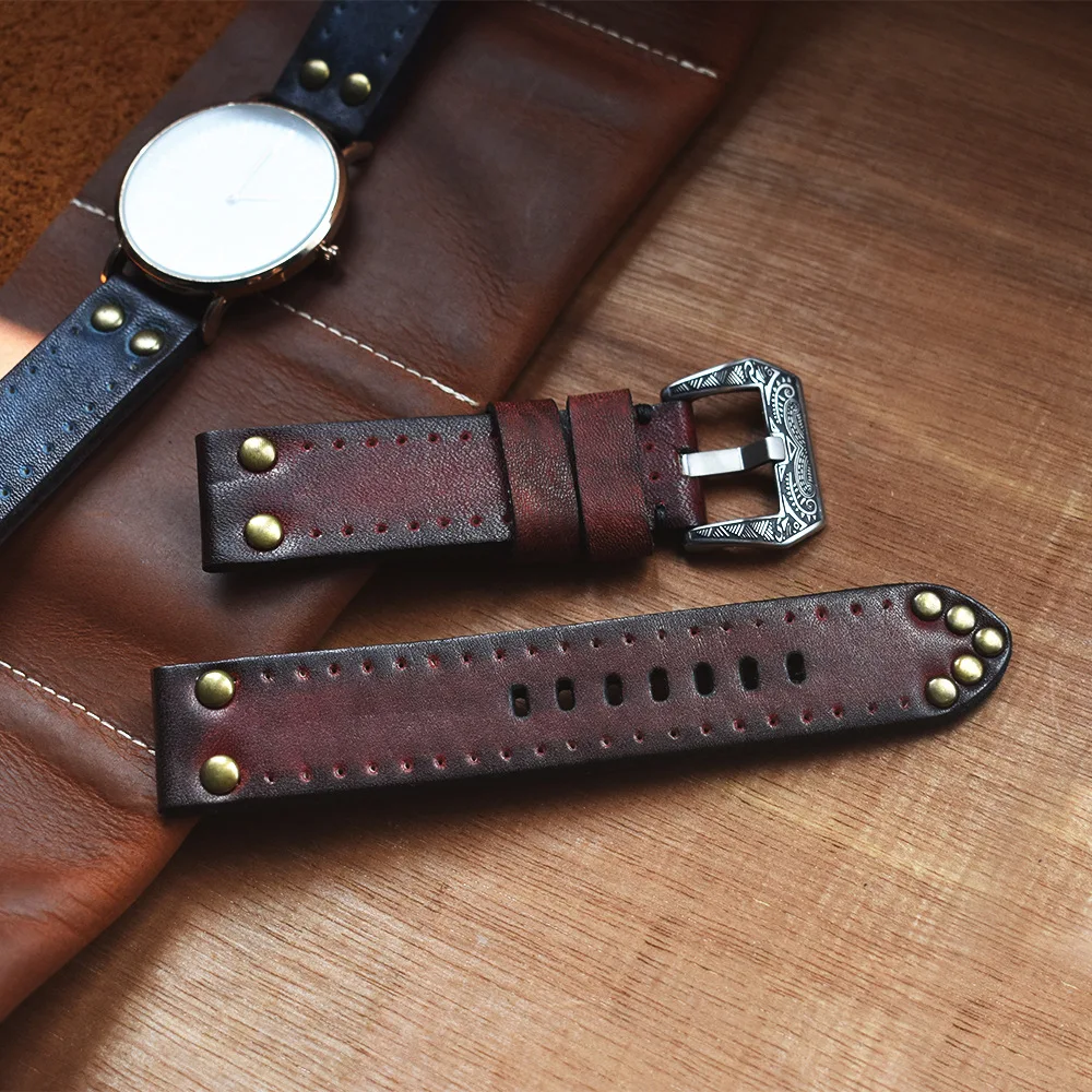 Classical Soft Leather Watch Strap With Rivets Vintage Watchband With Carved Buckle #C for Smart Watches