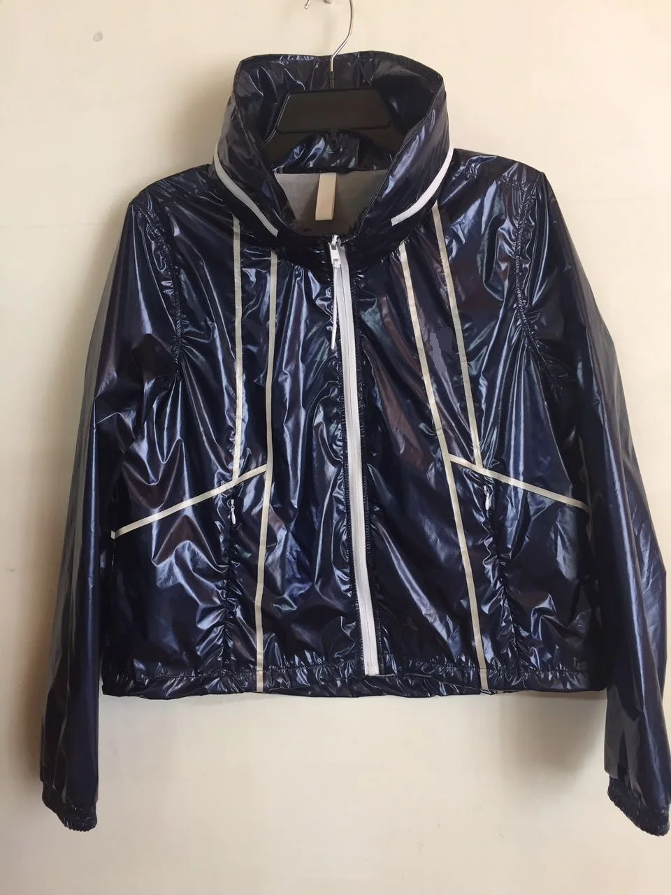 
100% poly pearly lustre water proof jacket laser cut laser boring hole quilted jacket reflective tape contrast quilted jacket 