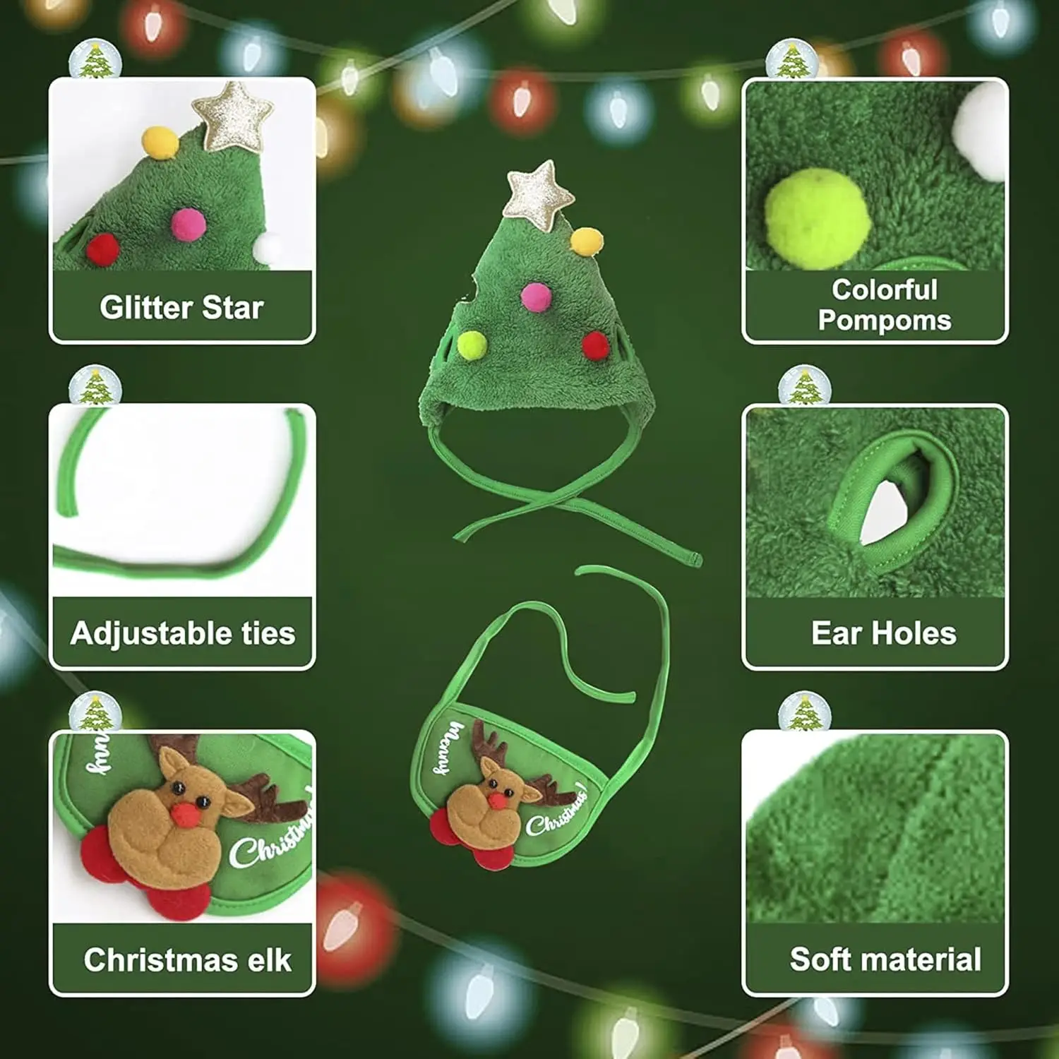 Dog Christmas Bandana Santa Hat Plush Xmas Tree Elk Antler Cap Santa Reindeer Saliva Towel Bib Adjustable Costume Outfit for Pet