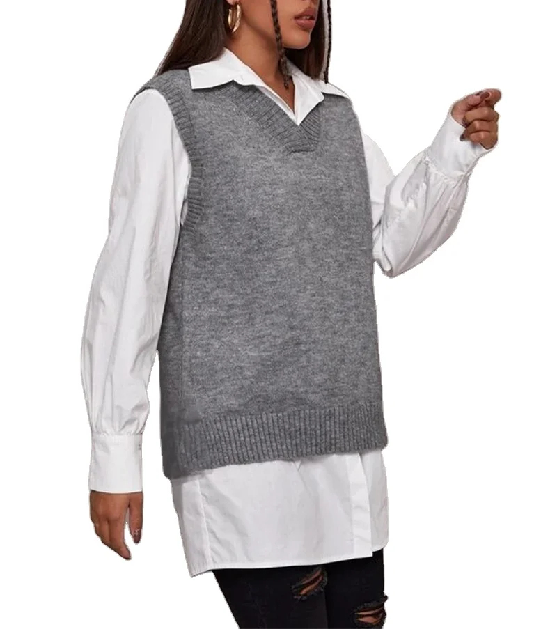 Глобальная оптовая продажа, новая женская одежда, Однотонный свитер-жилет с V-образным вырезом и разрезом на подоле