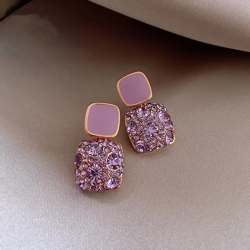 Korean Style Cute Purple Square Crystal Rhinestone Earrings Elegant Silver Needle Geometric Diamond Earrings Women