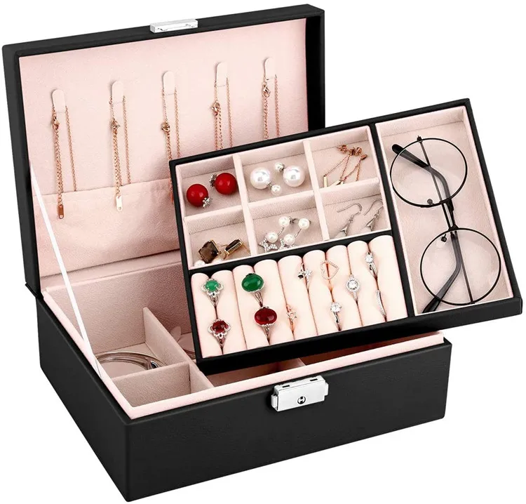 
Jewelry Box Organizer 2-Layer Lockable Jewelry Box Soft Velvet Earrings Holder Necklace Bracelet Jewelry Display Storage Case 